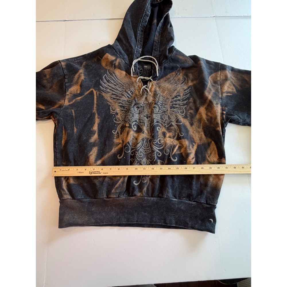 Affliction Live Fast Hoodie Womens XL Black Copper Acid Wash Rhinestone Lace Up - Picture 5 of 6